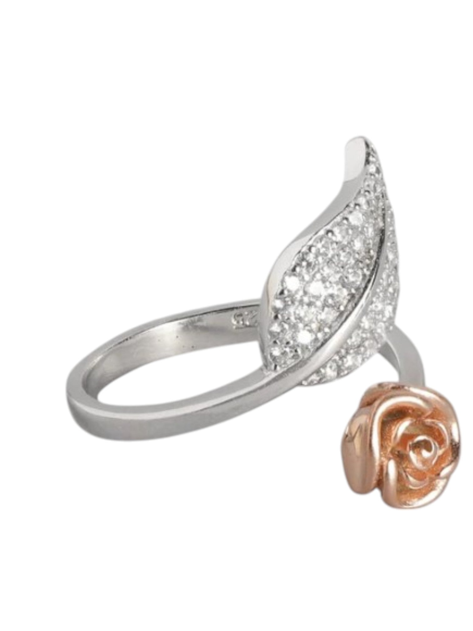 Rose Leaf Rhodium Plated 925 Sterling Silver CZ Stone Light Weight Ring For Women By Kesardeep